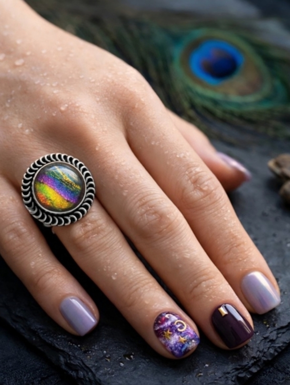 925 Sterling Silver Artisanal Rainbow Dichroic Glass Statement Ring Size 9